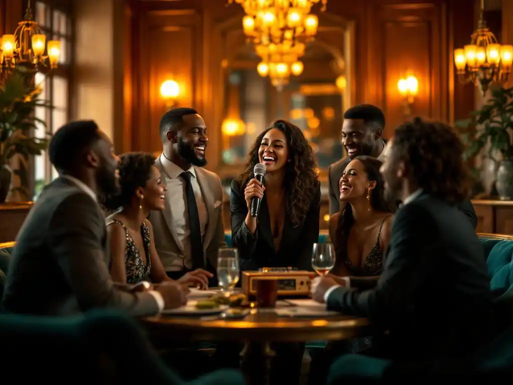 Diverse zakenmensen zingen karaoke in elegante lounge, een persoon zingt terwijl anderen lachen en juichen