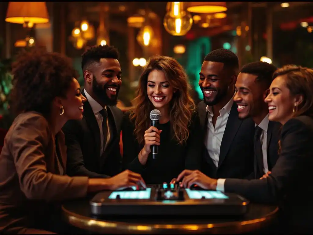 Diverse zakenmensen genieten van karaoke in luxe lounge, één persoon zingt terwijl anderen lachen en toekijken