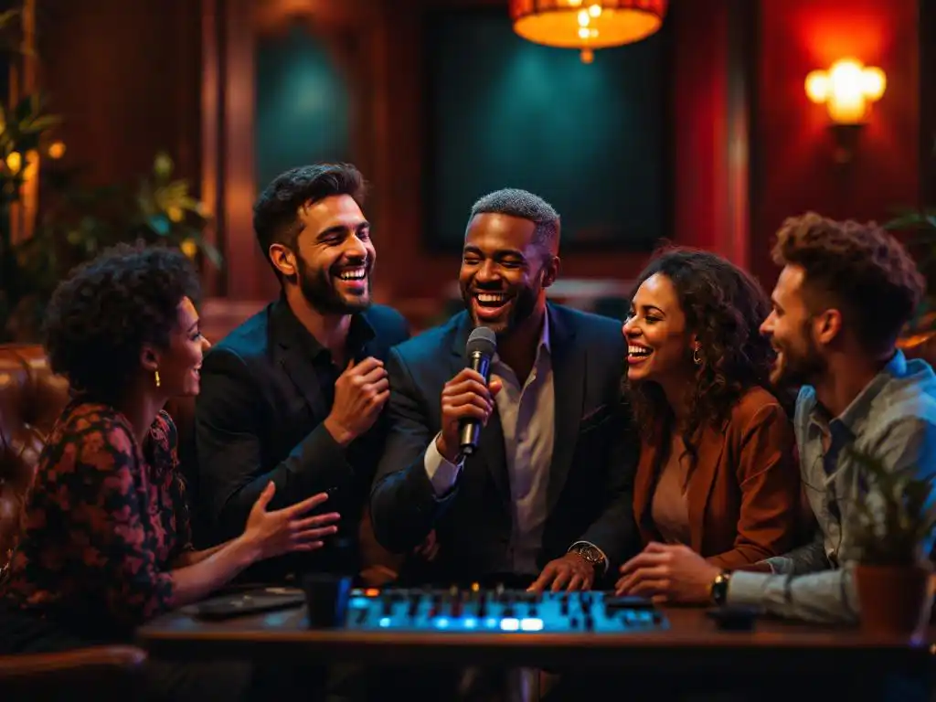 Diverse zakenmensen zingen karaoke in luxe lounge, executive met microfoon lacht terwijl collega's toekijken