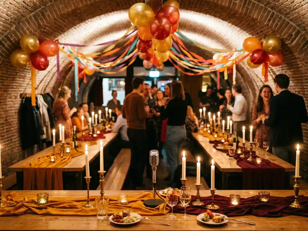 Feestelijk versierde Amsterdamse kanaalkroeg met lange tafels, gouden kaarslicht, slingers en ballonnen aan gewelfd bakstenen plafond.