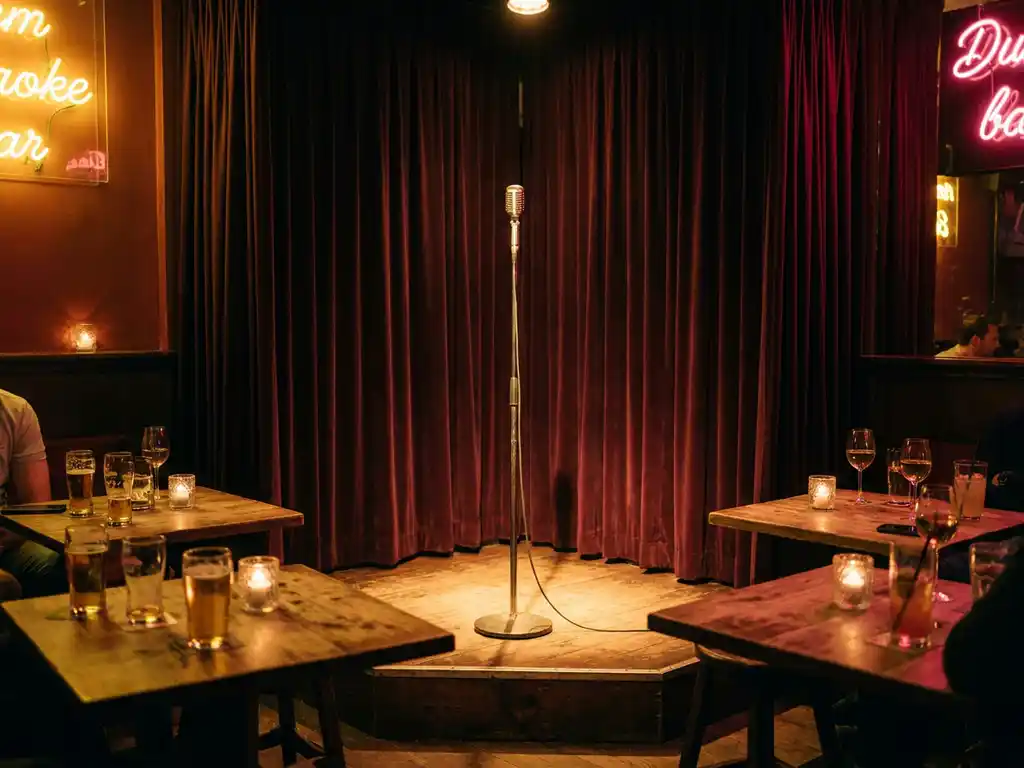 Vintage microfoonstandaard op een verlicht karaokepodium, omringd door kaarslicht en bordeauxrode fluwelen gordijnen in een Amsterdamse bar.
